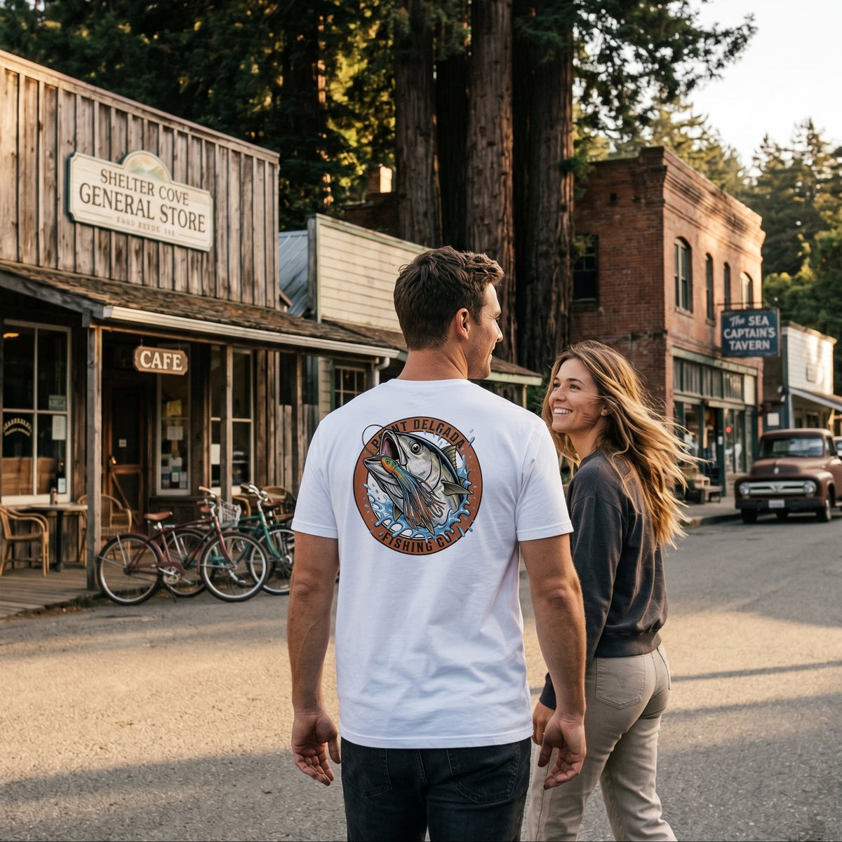 A rear-view photograph of a man wearing a Point Delgada Fishing Co. 6.1oz Heavyweight Graphic T-Shirt (White) with the circular swordfish and fishing jig logo on the back, walking down Main Street in Shelter Cove, California, at sunset. A woman walks beside him. The background features authentic wooden storefronts, including the Shelter Cove General Store and Sea Captain's Tavern, and large redwood trees.