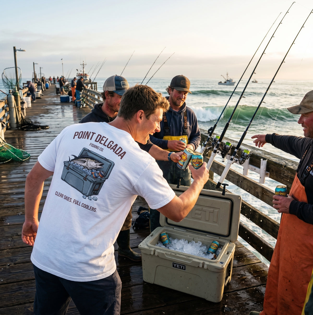 Back: White Point Delgada Full Cooler T-Shirt with albacore tuna in an ice-filled cooler and "Clear Skies. Full Cooler." graphic
Front: White Point Delgada heavyweight tee with left-chest Shelter Cove, CA logo