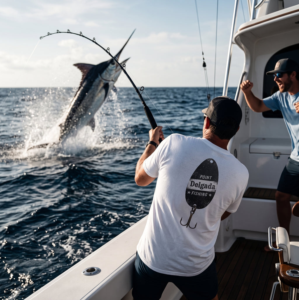 Point-Delgada-6.1oz-Heavyweight-Graphic-Tee-Crisp-White-Back-View-Marlin-Action