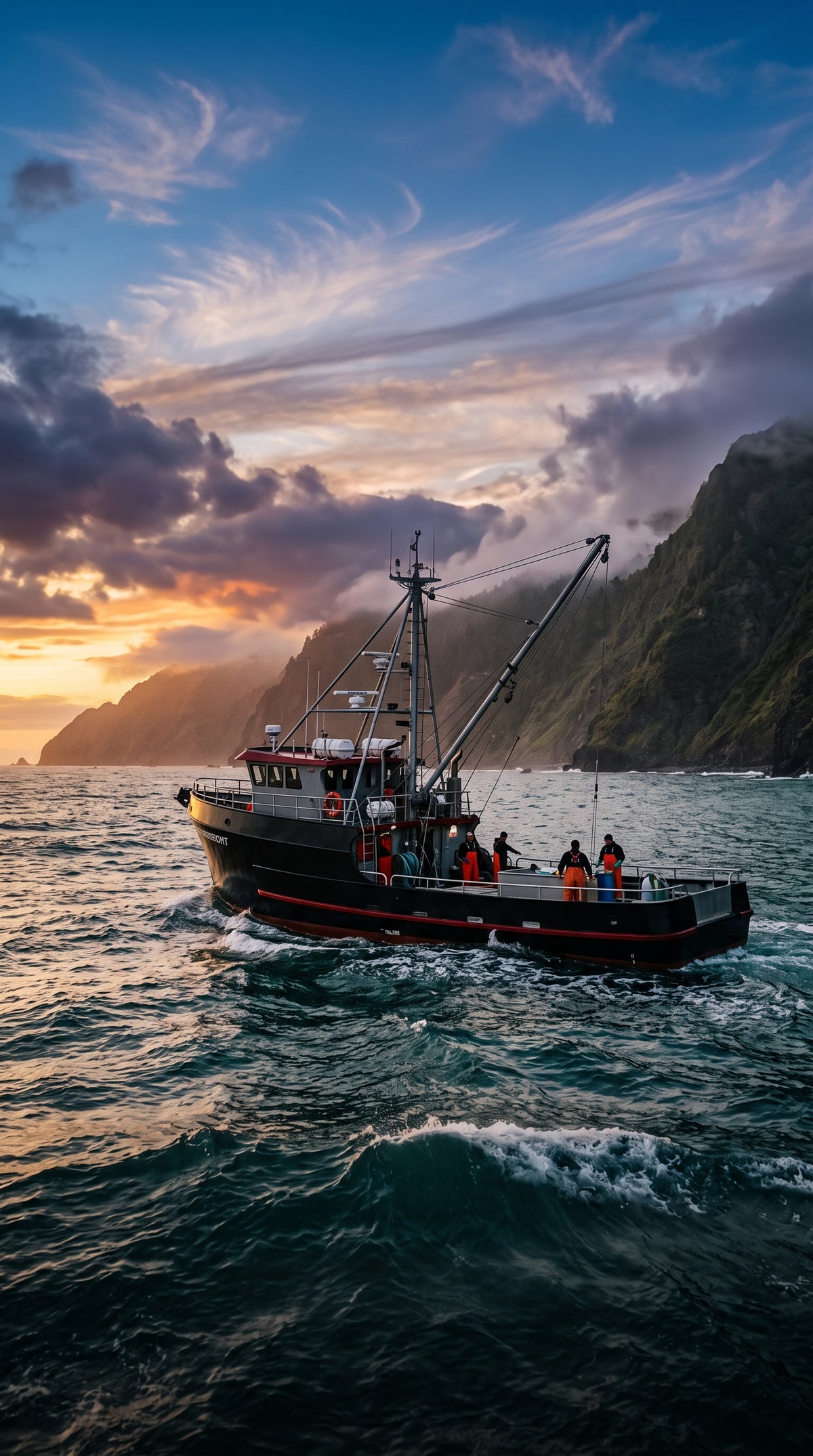 Fishing boat with crew in orange gear sailing past the misty cliffs of California's Lost Coast at sunset