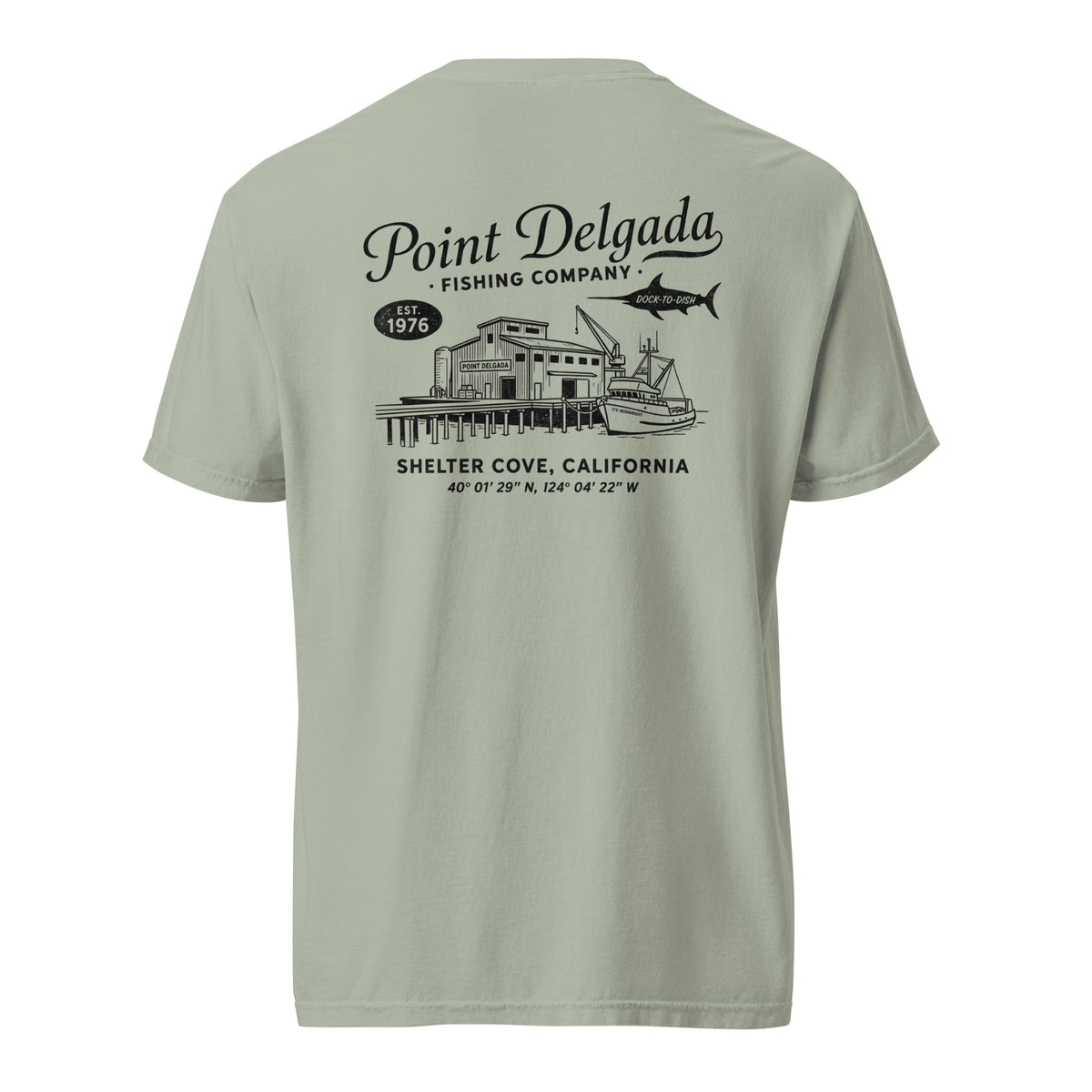 Back: White Point Delgada Home Port T-Shirt with black fish house, pier, fishing boat and Shelter Cove, California coordinates graphic