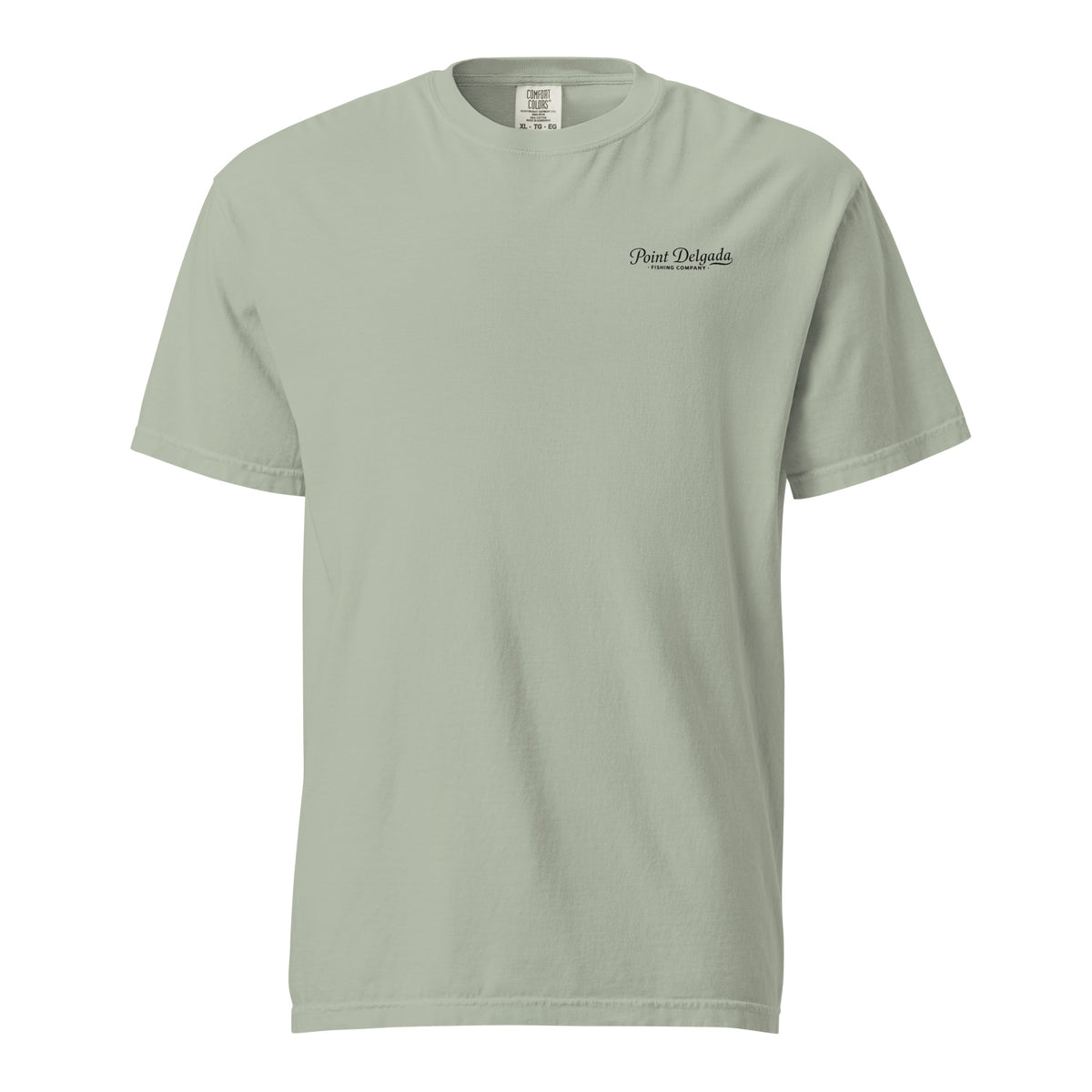 Back: White Point Delgada Home Port T-Shirt with black fish house, pier, fishing boat and Shelter Cove, California coordinates graphic