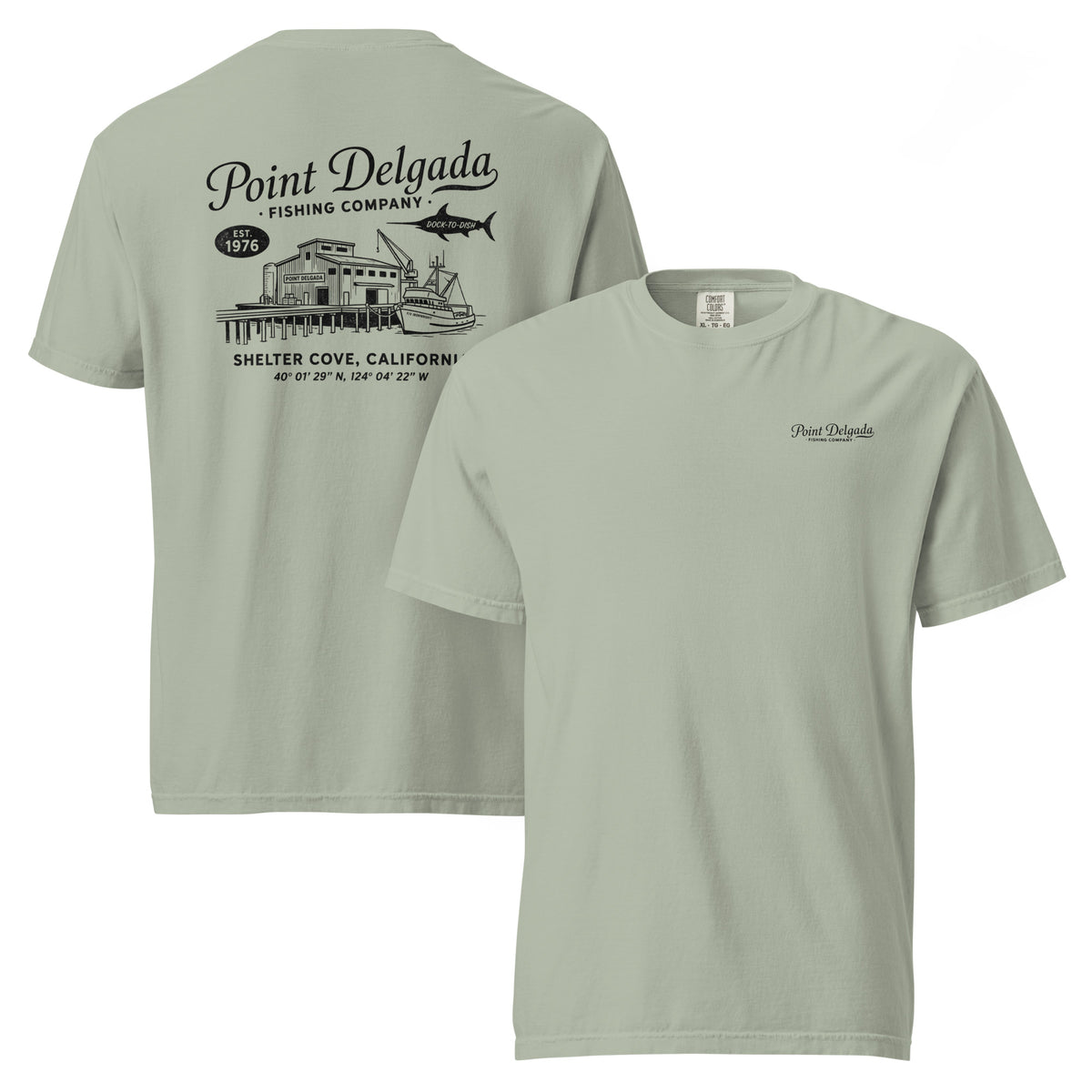 Back: White Point Delgada Home Port T-Shirt with black fish house, pier, fishing boat and Shelter Cove, California coordinates graphic