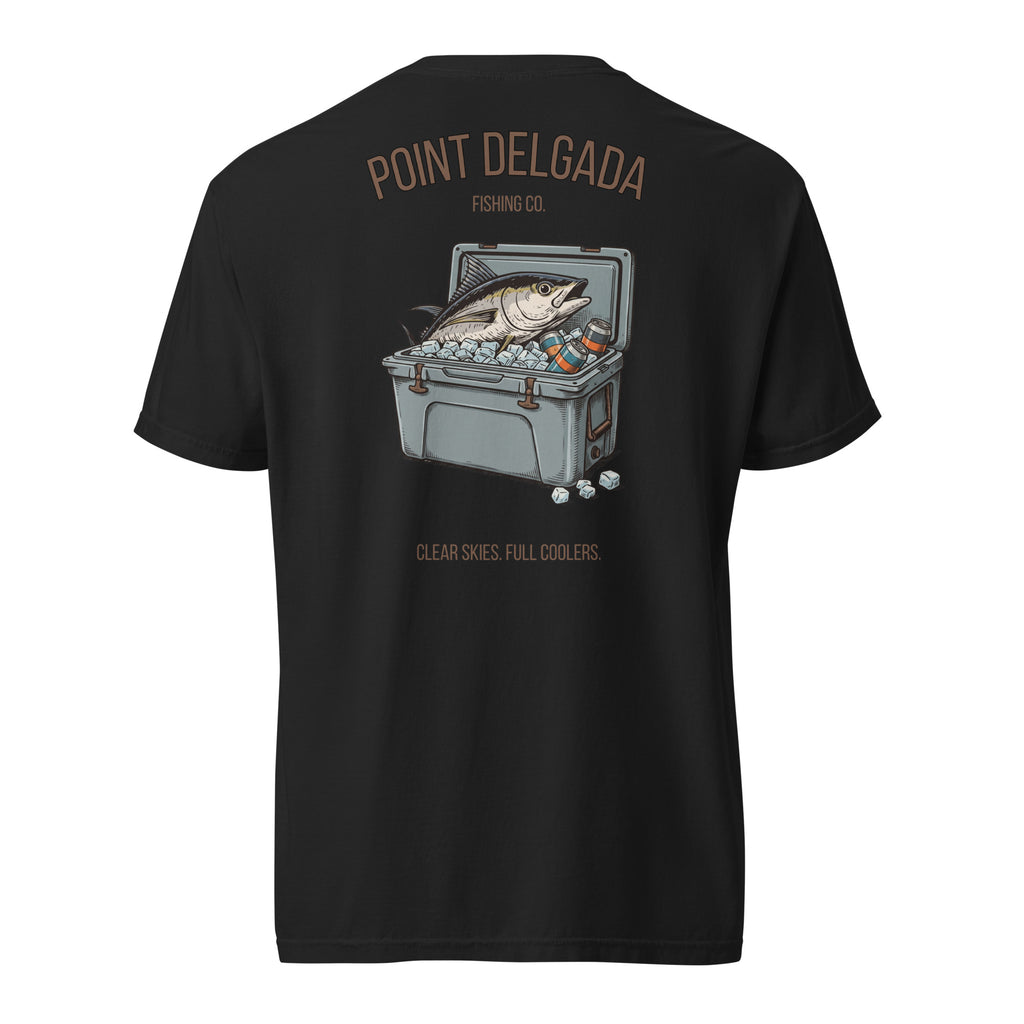 Back: White Point Delgada Full Cooler T-Shirt with albacore tuna in an ice-filled cooler and "Clear Skies. Full Cooler." graphic
Front: White Point Delgada heavyweight tee with left-chest Shelter Cove, CA logo
