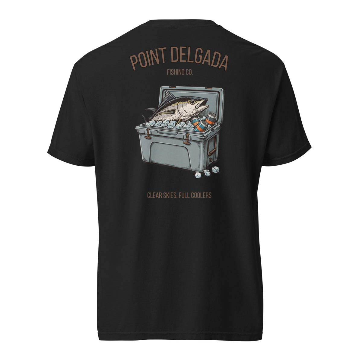 Back: White Point Delgada Full Cooler T-Shirt with albacore tuna in an ice-filled cooler and "Clear Skies. Full Cooler." graphic
Front: White Point Delgada heavyweight tee with left-chest Shelter Cove, CA logo