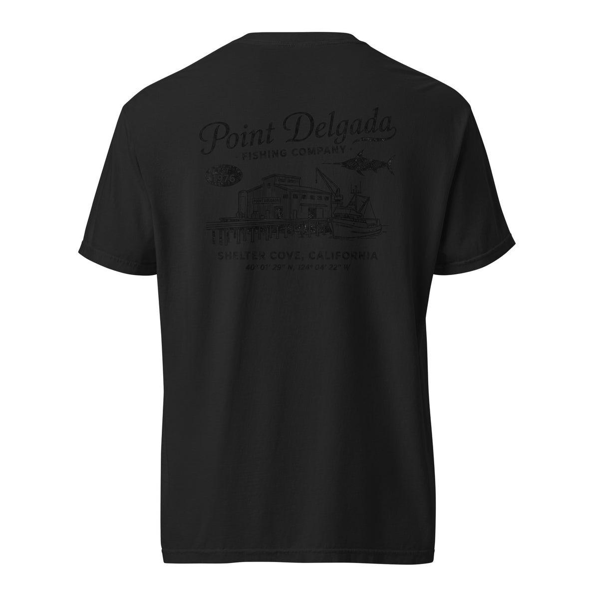 Back: White Point Delgada Home Port T-Shirt with black fish house, pier, fishing boat and Shelter Cove, California coordinates graphic