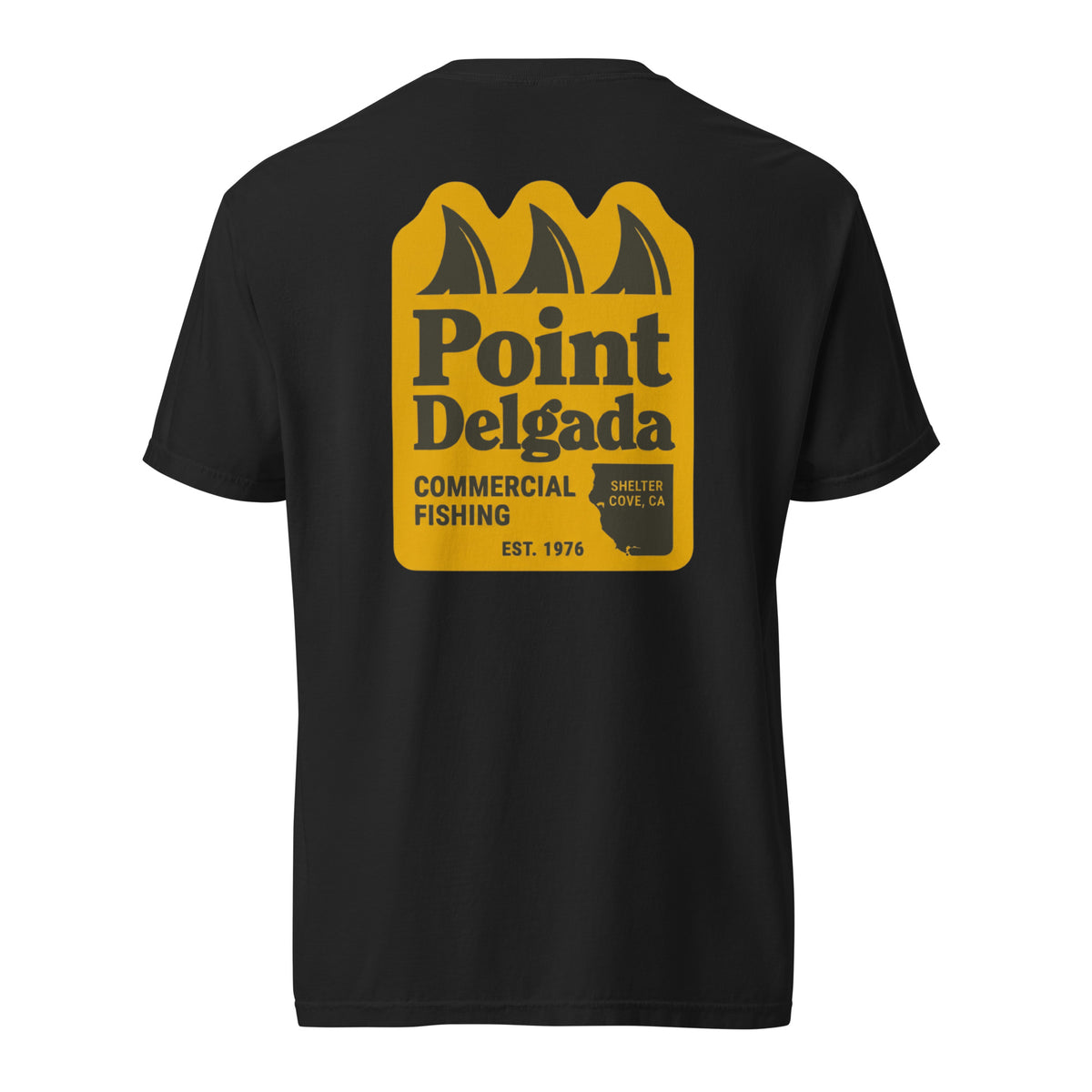 Point Delgada Three Fins T-Shirt with goldenrod vintage badge on the back and left-chest Point Delgada Fishing Co. logo on the front