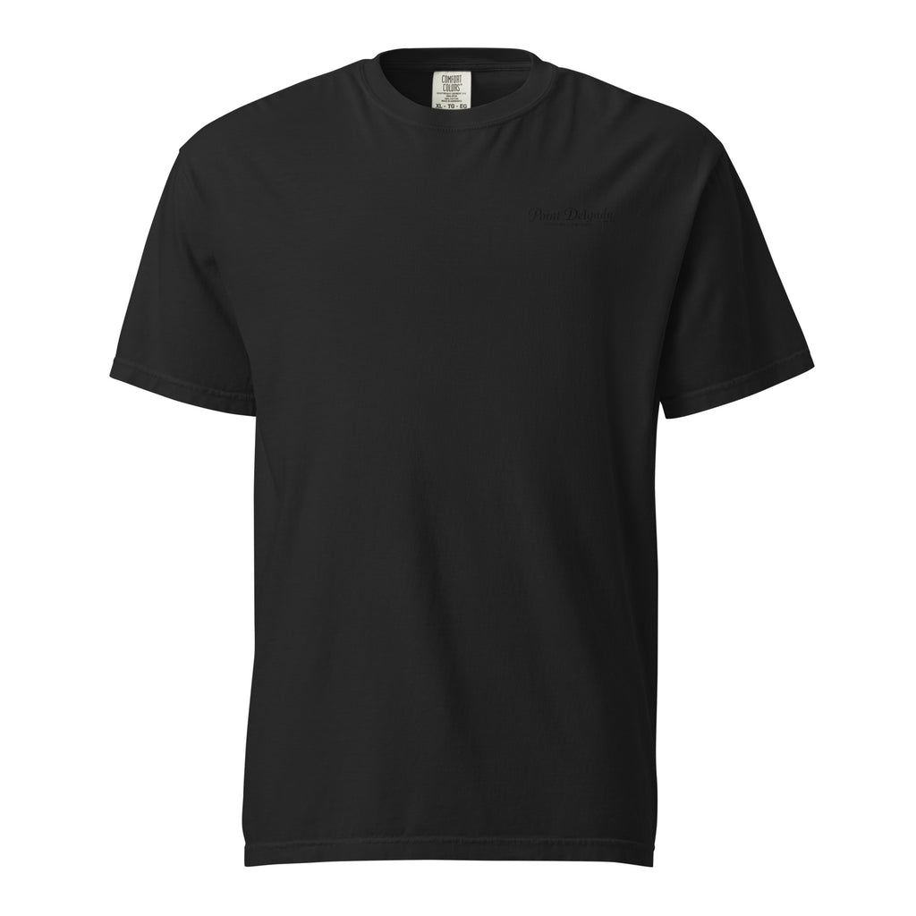 Back: White Point Delgada Home Port T-Shirt with black fish house, pier, fishing boat and Shelter Cove, California coordinates graphic