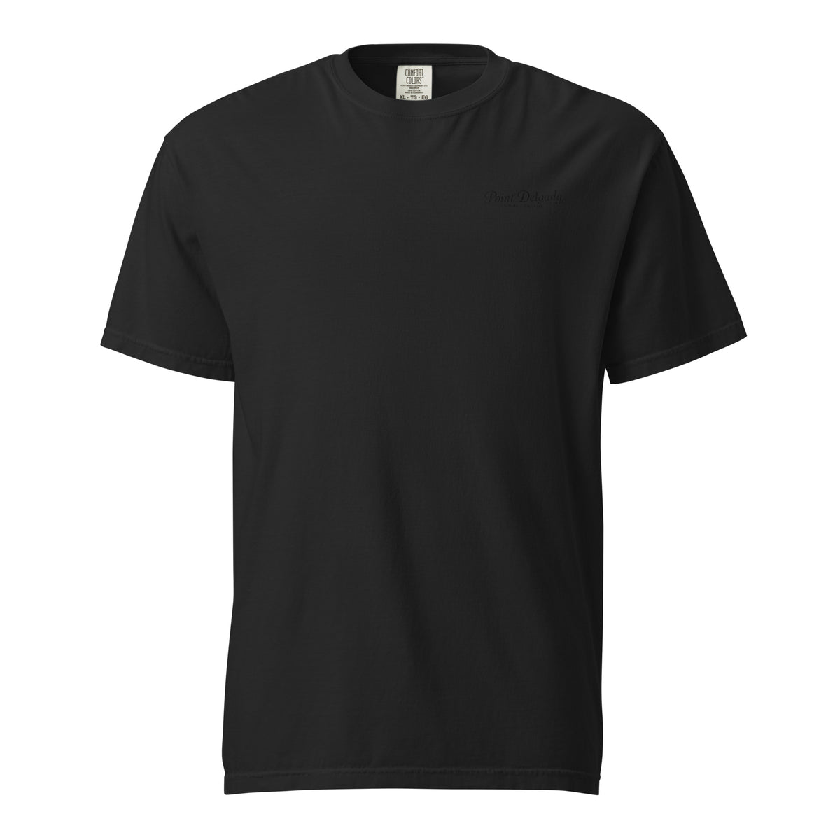 Back: White Point Delgada Home Port T-Shirt with black fish house, pier, fishing boat and Shelter Cove, California coordinates graphic