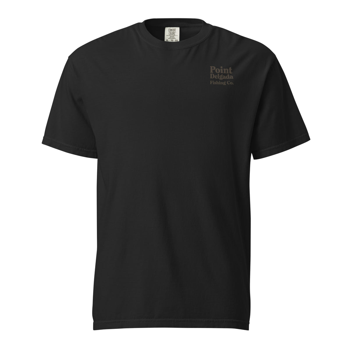 White Point Delgada Three Fins T-Shirt with goldenrod vintage badge on the back and left-chest Point Delgada Fishing Co. logo on the front