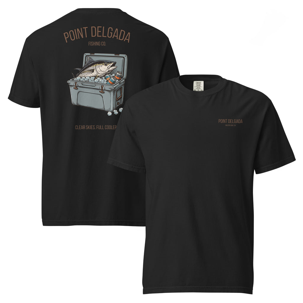 Back: White Point Delgada Full Cooler T-Shirt with albacore tuna in an ice-filled cooler and "Clear Skies. Full Cooler." graphic
Front: White Point Delgada heavyweight tee with left-chest Shelter Cove, CA logo