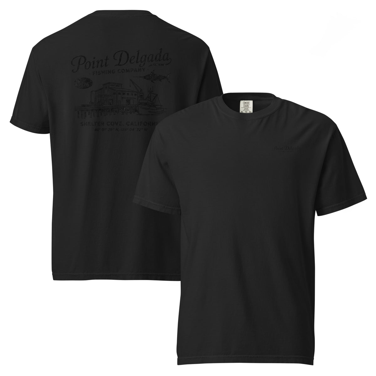 Back: White Point Delgada Home Port T-Shirt with black fish house, pier, fishing boat and Shelter Cove, California coordinates graphic