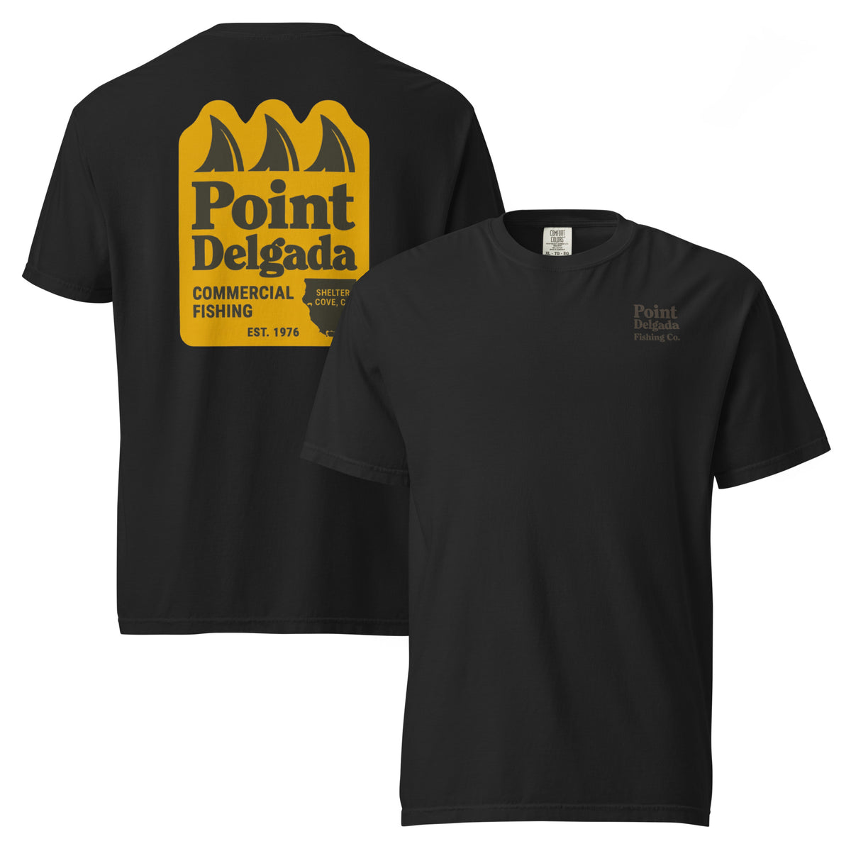 White Point Delgada Three Fins T-Shirt with goldenrod vintage badge on the back and left-chest Point Delgada Fishing Co. logo on the front