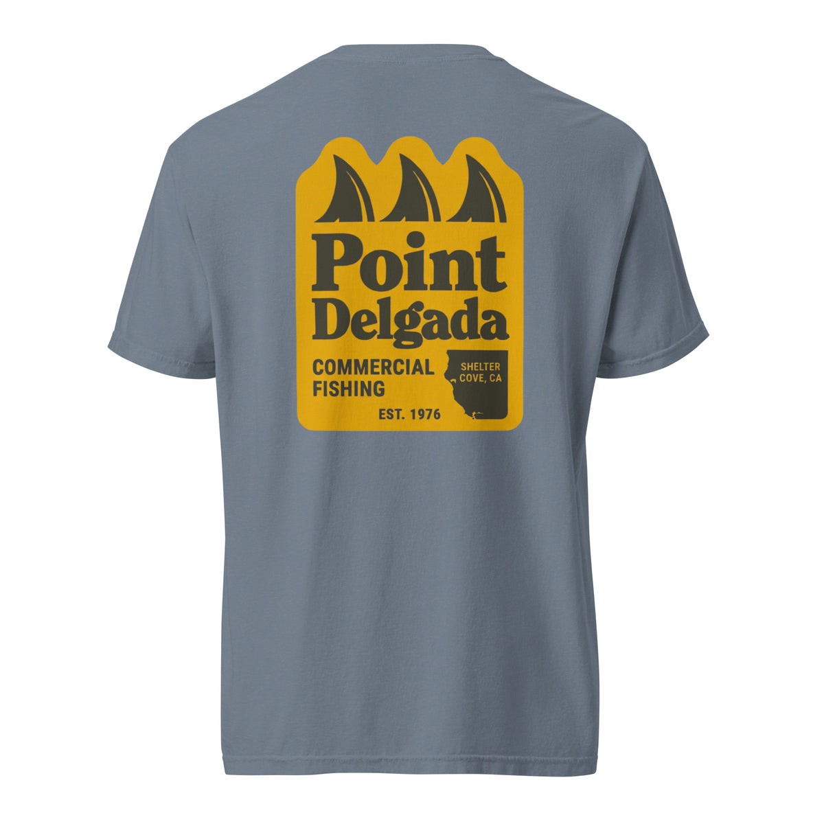 Point Delgada Three Fins T-Shirt with goldenrod vintage badge on the back and left-chest Point Delgada Fishing Co. logo on the front