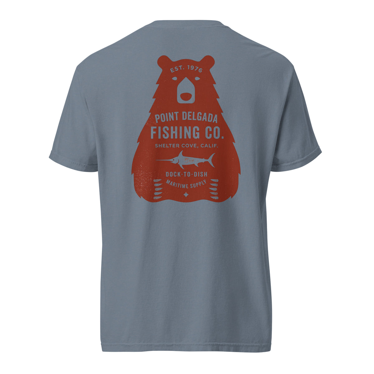 Point Delgada Bear Crest T-Shirt with distressed red bear and swordfish crest on the back and left-chest Point Delgada Fishing Co. logo on the front