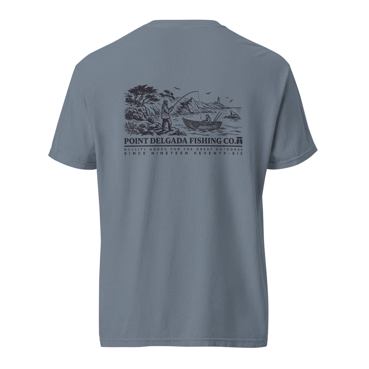 White Point Delgada Shoreline T-Shirt with black engraved coastal fishing scene and lighthouse on the back and left-chest lure logo on the front