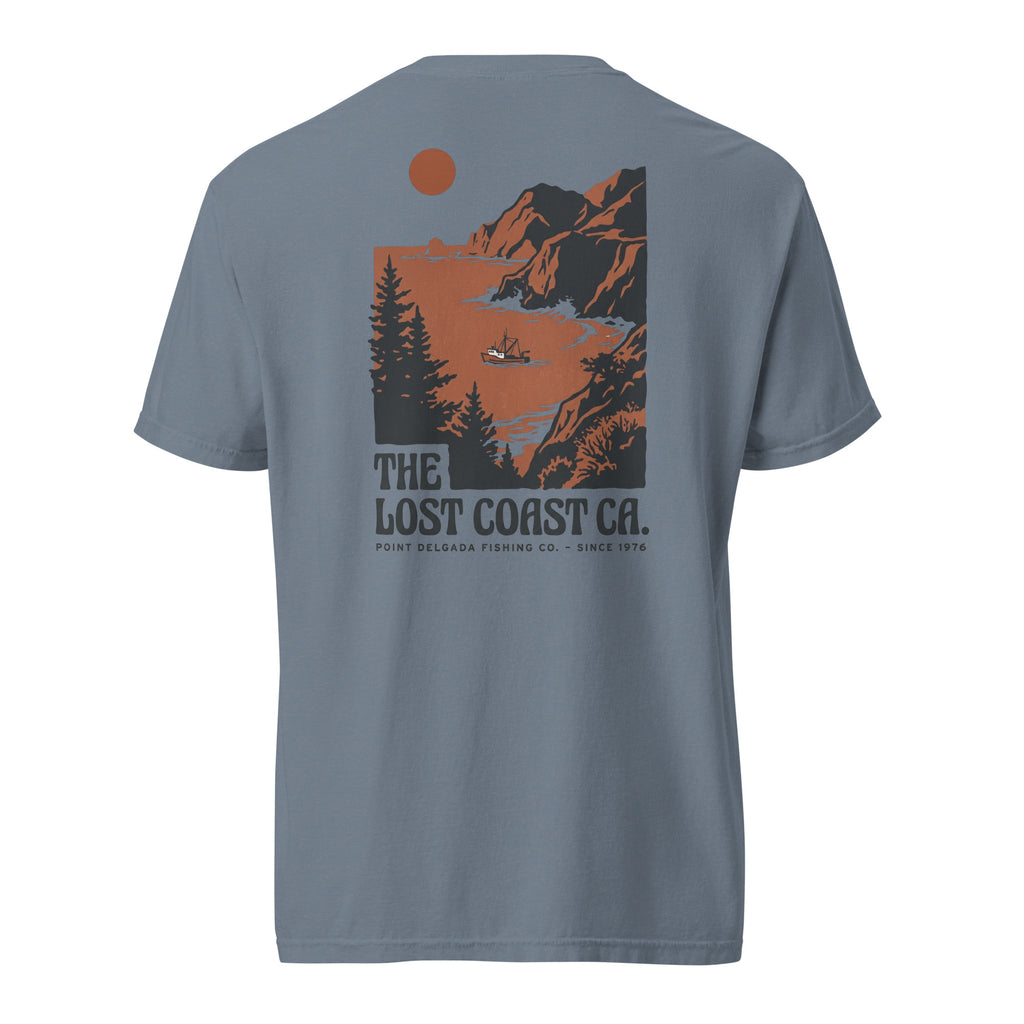 White Point Delgada Lost Coast Cliffs T-Shirt with rust and charcoal vintage print of cliffs, redwoods and a fishing boat on the back and left-chest Lost Coast CA. logo on the front