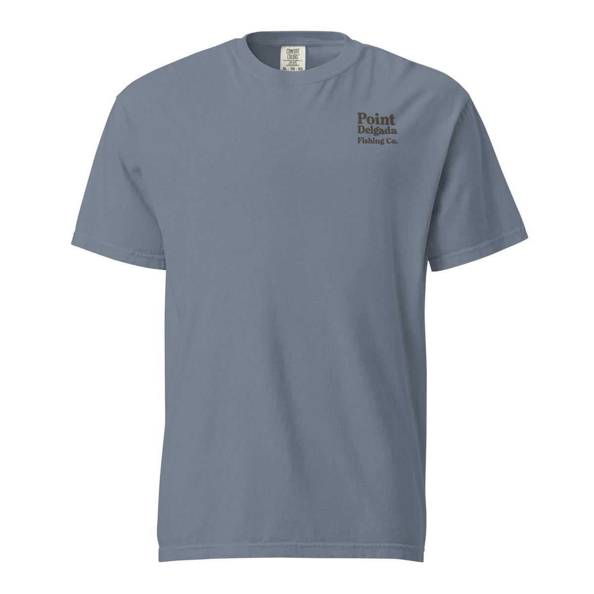 Point Delgada Three Fins T-Shirt with goldenrod vintage badge on the back and left-chest Point Delgada Fishing Co. logo on the front