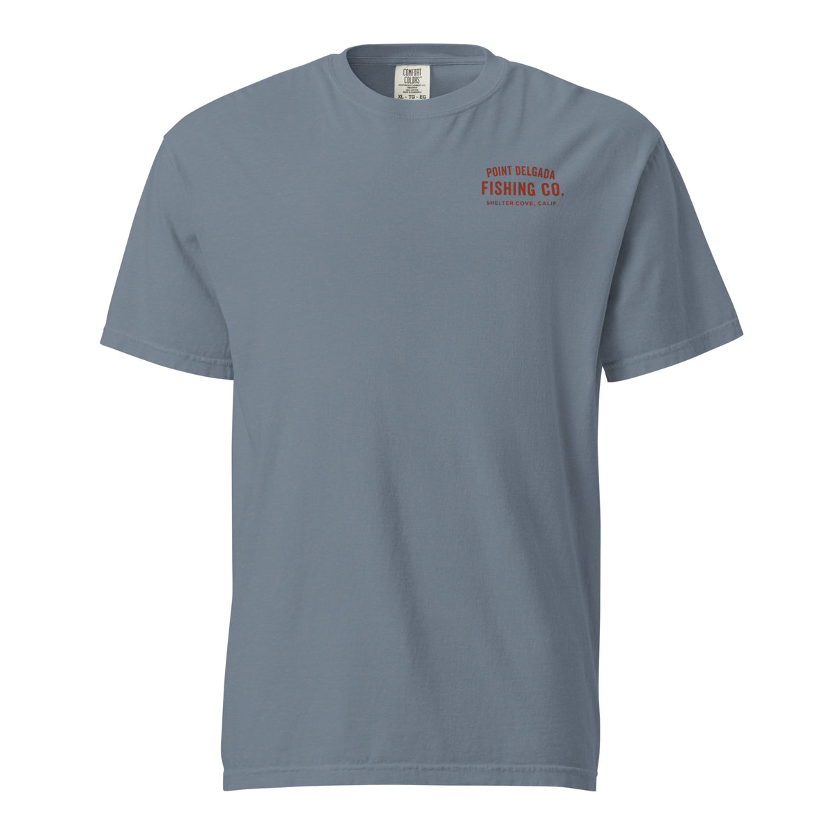 Point Delgada Bear Crest T-Shirt with distressed red bear and swordfish crest on the back and left-chest Point Delgada Fishing Co. logo on the front