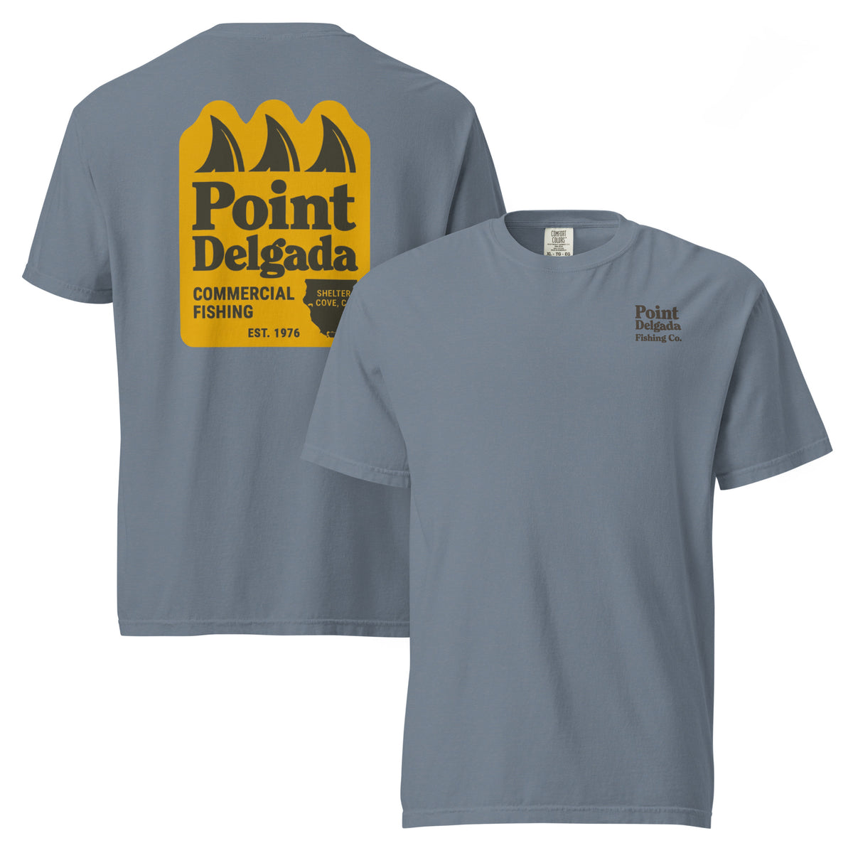 Point Delgada Three Fins T-Shirt with goldenrod vintage badge on the back and left-chest Point Delgada Fishing Co. logo on the front