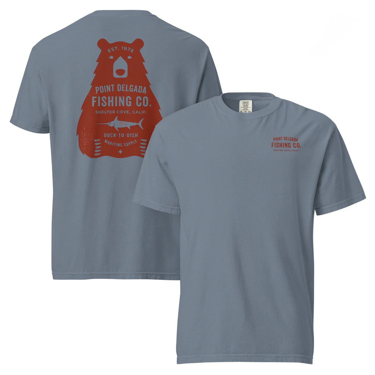Point Delgada Bear Crest T-Shirt with distressed red bear and swordfish crest on the back and left-chest Point Delgada Fishing Co. logo on the front