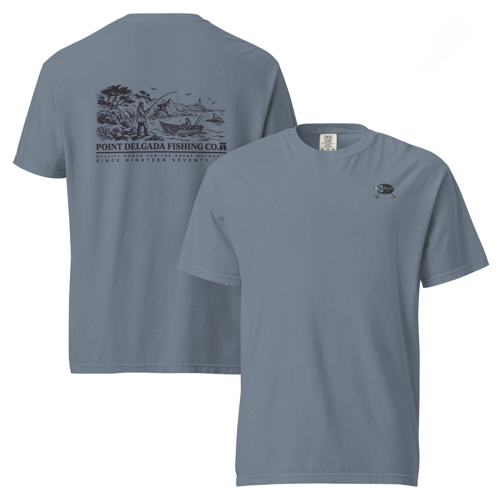 White Point Delgada Shoreline T-Shirt with black engraved coastal fishing scene and lighthouse on the back and left-chest lure logo on the front