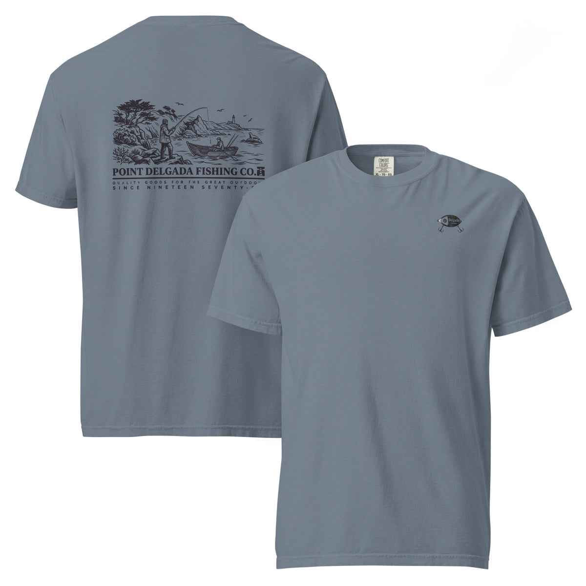 White Point Delgada Shoreline T-Shirt with black engraved coastal fishing scene and lighthouse on the back and left-chest lure logo on the front