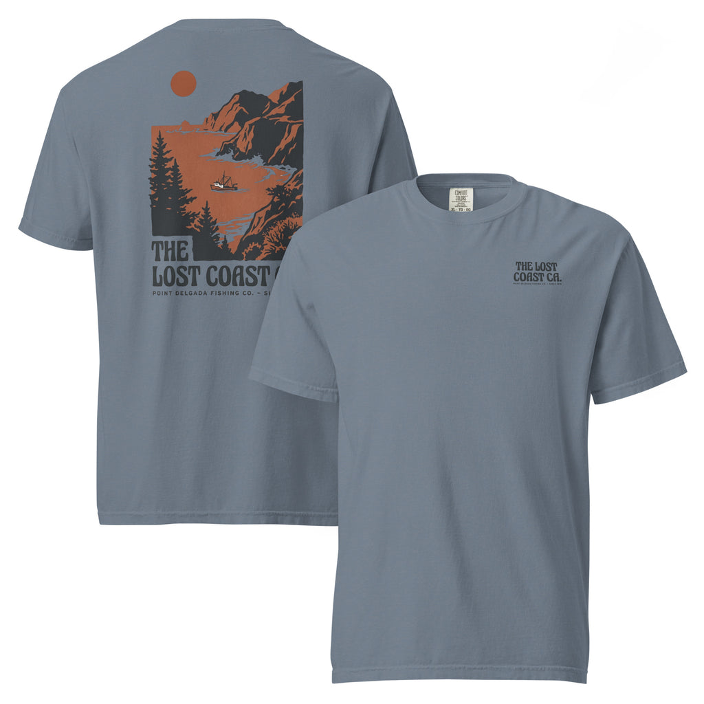 White Point Delgada Lost Coast Cliffs T-Shirt with rust and charcoal vintage print of cliffs, redwoods and a fishing boat on the back and left-chest Lost Coast CA. logo on the front