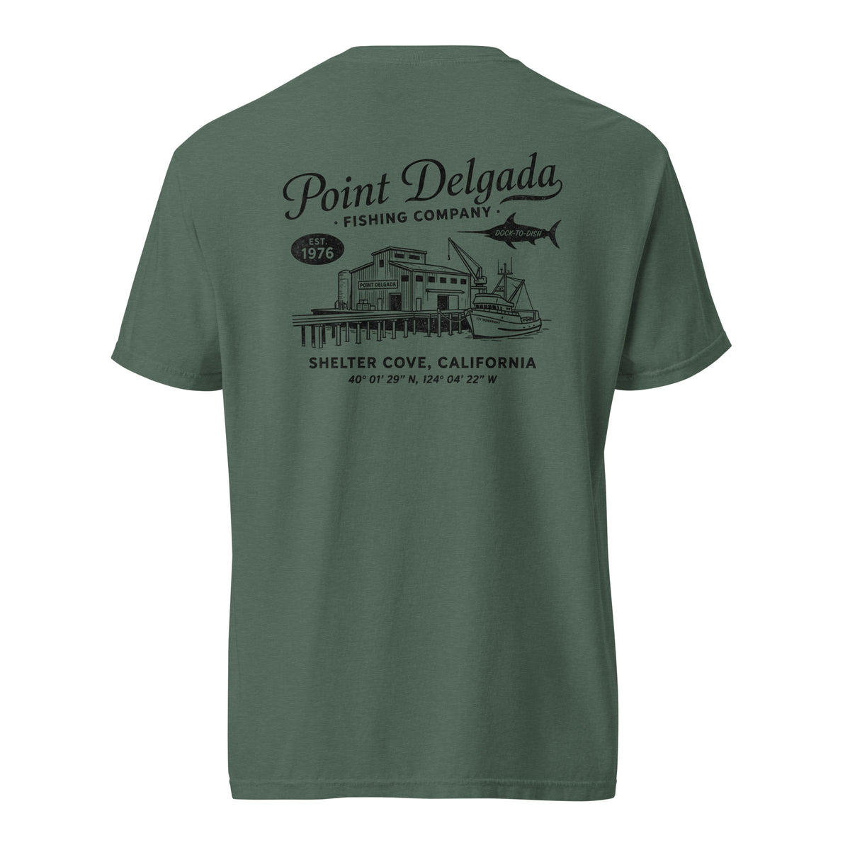 Back: White Point Delgada Home Port T-Shirt with black fish house, pier, fishing boat and Shelter Cove, California coordinates graphic