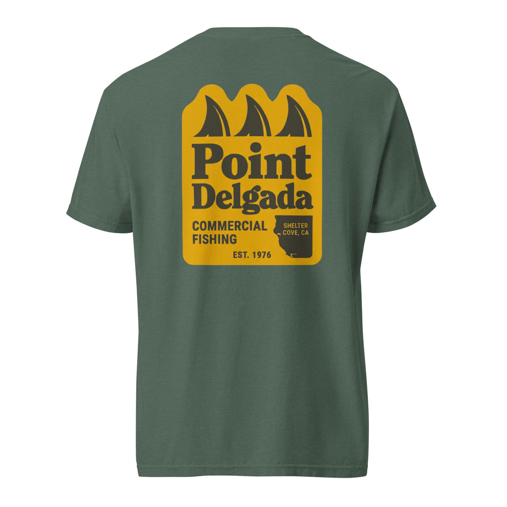 Point Delgada Three Fins T-Shirt with goldenrod vintage badge on the back and left-chest Point Delgada Fishing Co. logo on the front