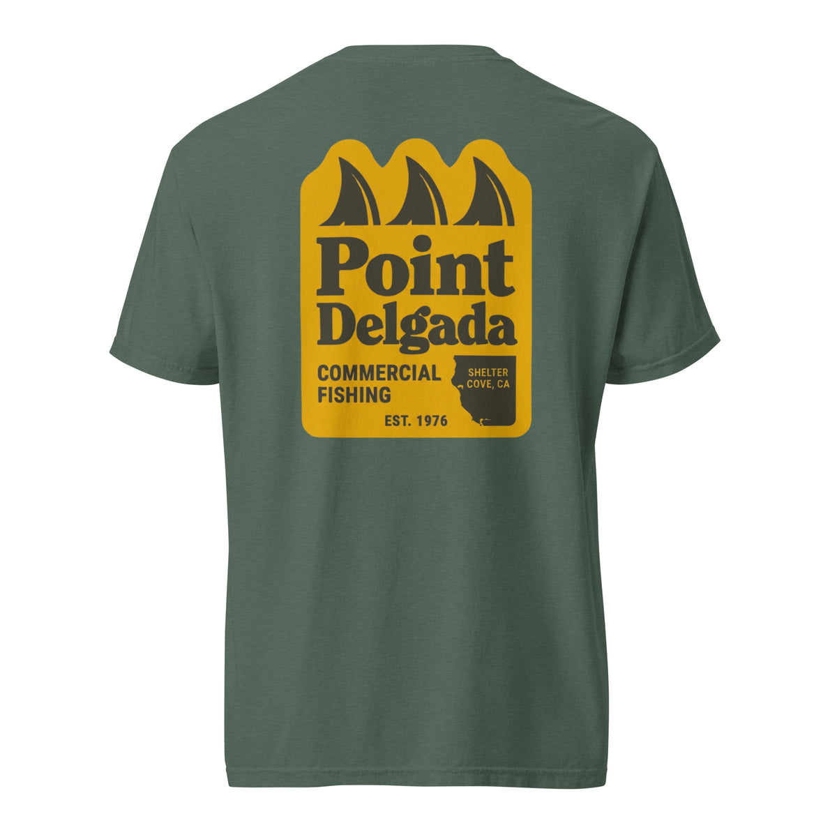 Point Delgada Three Fins T-Shirt with goldenrod vintage badge on the back and left-chest Point Delgada Fishing Co. logo on the front
