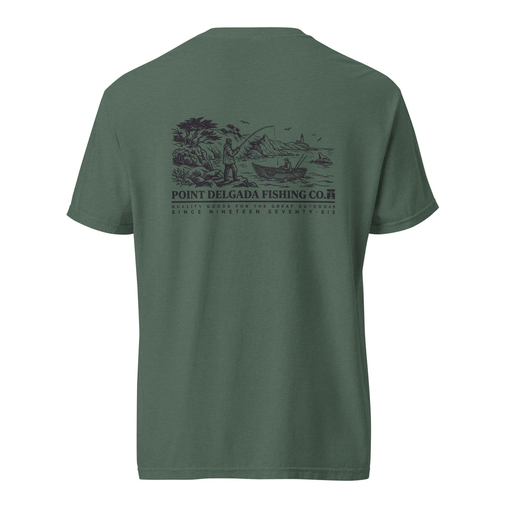 White Point Delgada Shoreline T-Shirt with black engraved coastal fishing scene and lighthouse on the back and left-chest lure logo on the front
