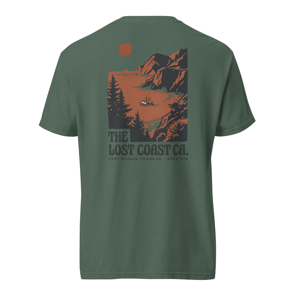 White Point Delgada Lost Coast Cliffs T-Shirt with rust and charcoal vintage print of cliffs, redwoods and a fishing boat on the back and left-chest Lost Coast CA. logo on the front
