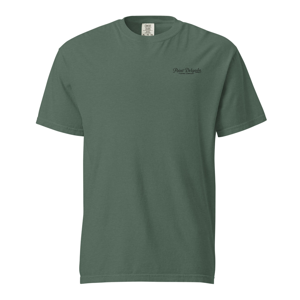 Back: White Point Delgada Home Port T-Shirt with black fish house, pier, fishing boat and Shelter Cove, California coordinates graphic
