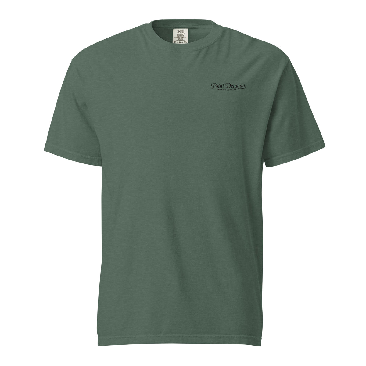 Back: White Point Delgada Home Port T-Shirt with black fish house, pier, fishing boat and Shelter Cove, California coordinates graphic