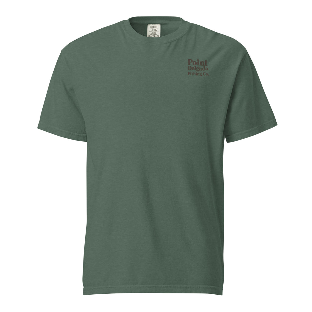 Point Delgada Three Fins T-Shirt with goldenrod vintage badge on the back and left-chest Point Delgada Fishing Co. logo on the front