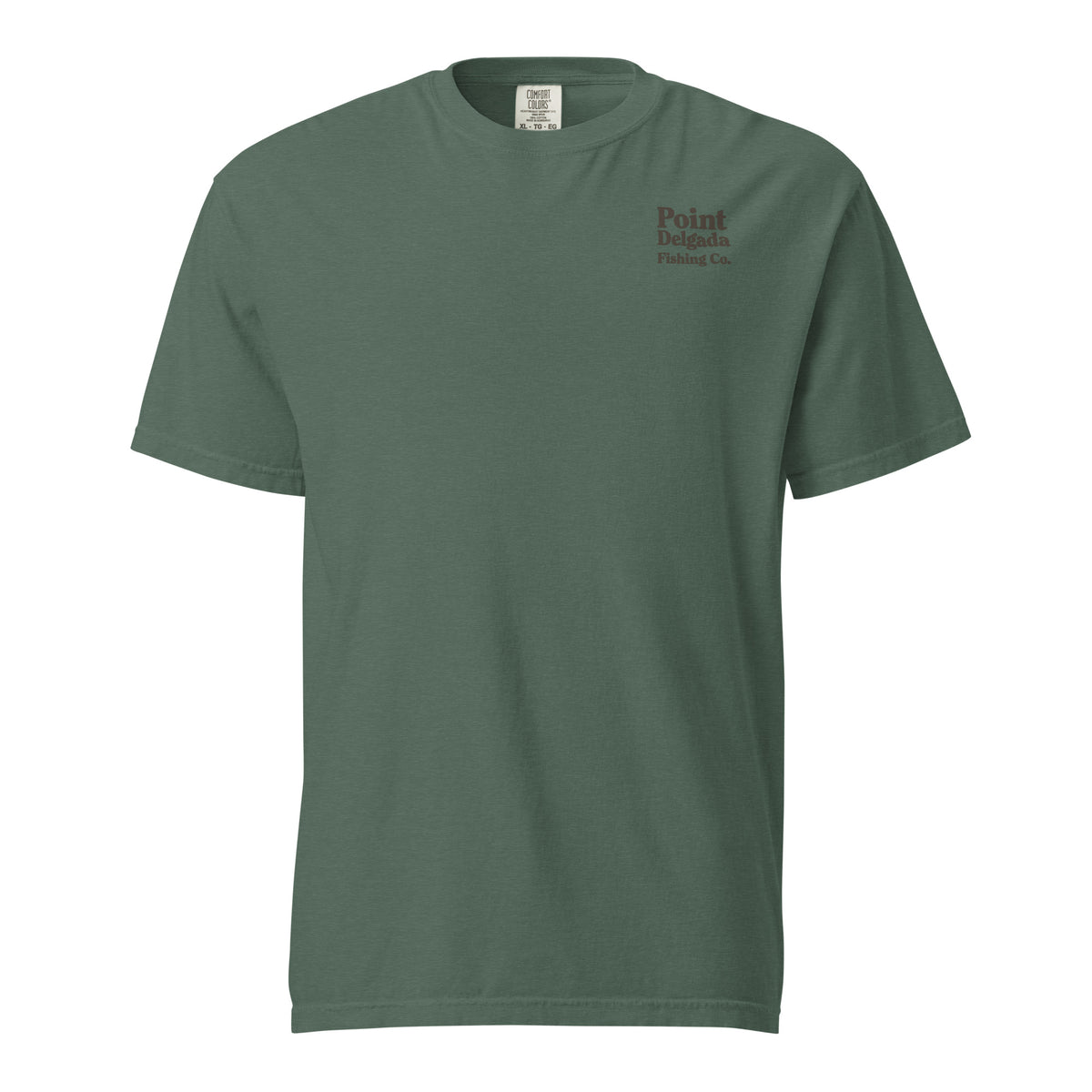 Point Delgada Three Fins T-Shirt with goldenrod vintage badge on the back and left-chest Point Delgada Fishing Co. logo on the front