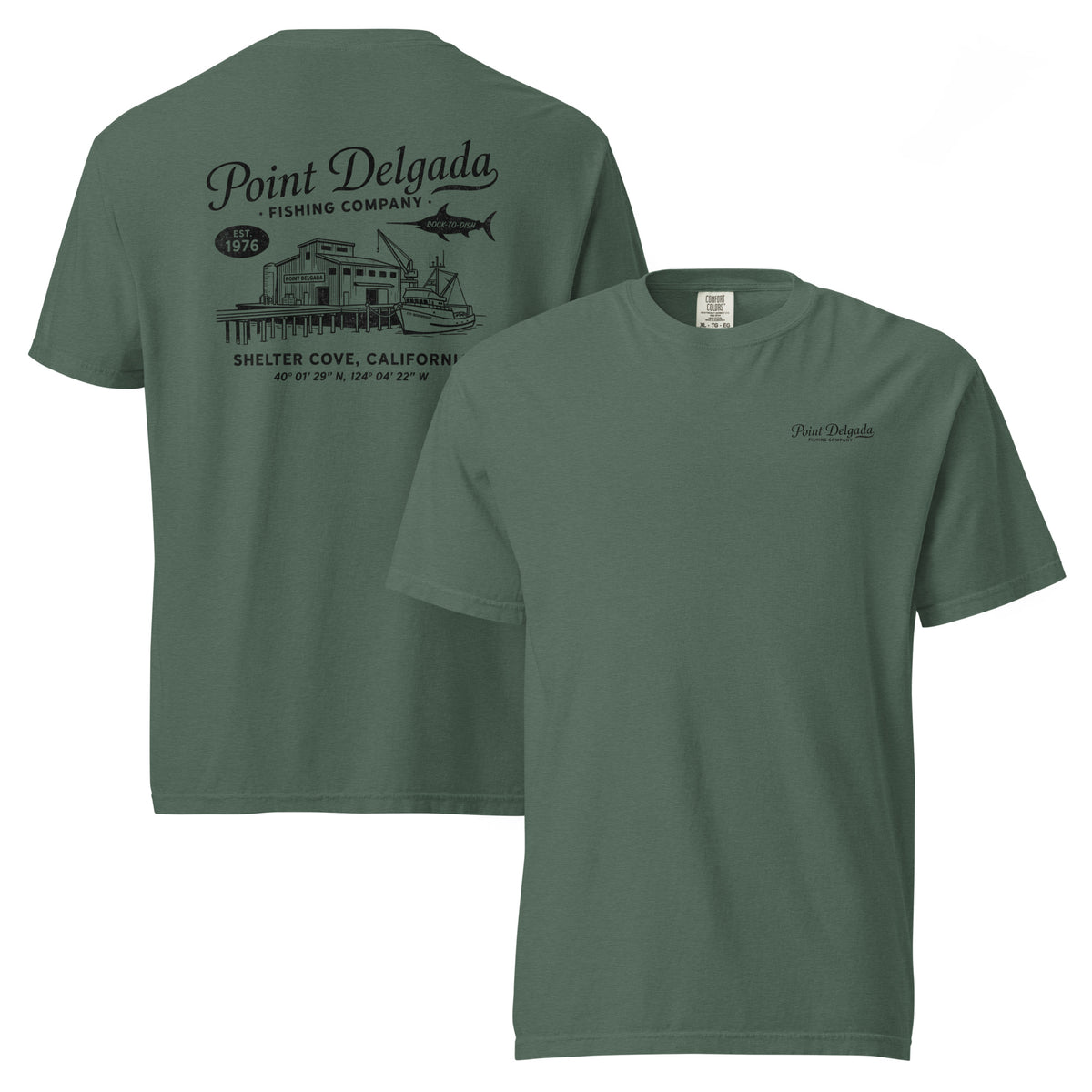 Back: White Point Delgada Home Port T-Shirt with black fish house, pier, fishing boat and Shelter Cove, California coordinates graphic