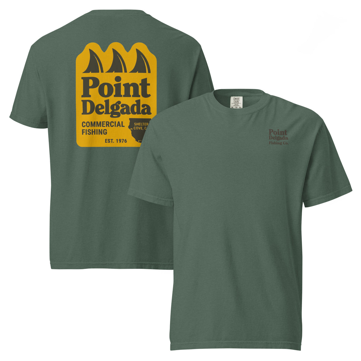White Point Delgada Three Fins T-Shirt with goldenrod vintage badge on the back and left-chest Point Delgada Fishing Co. logo on the front
