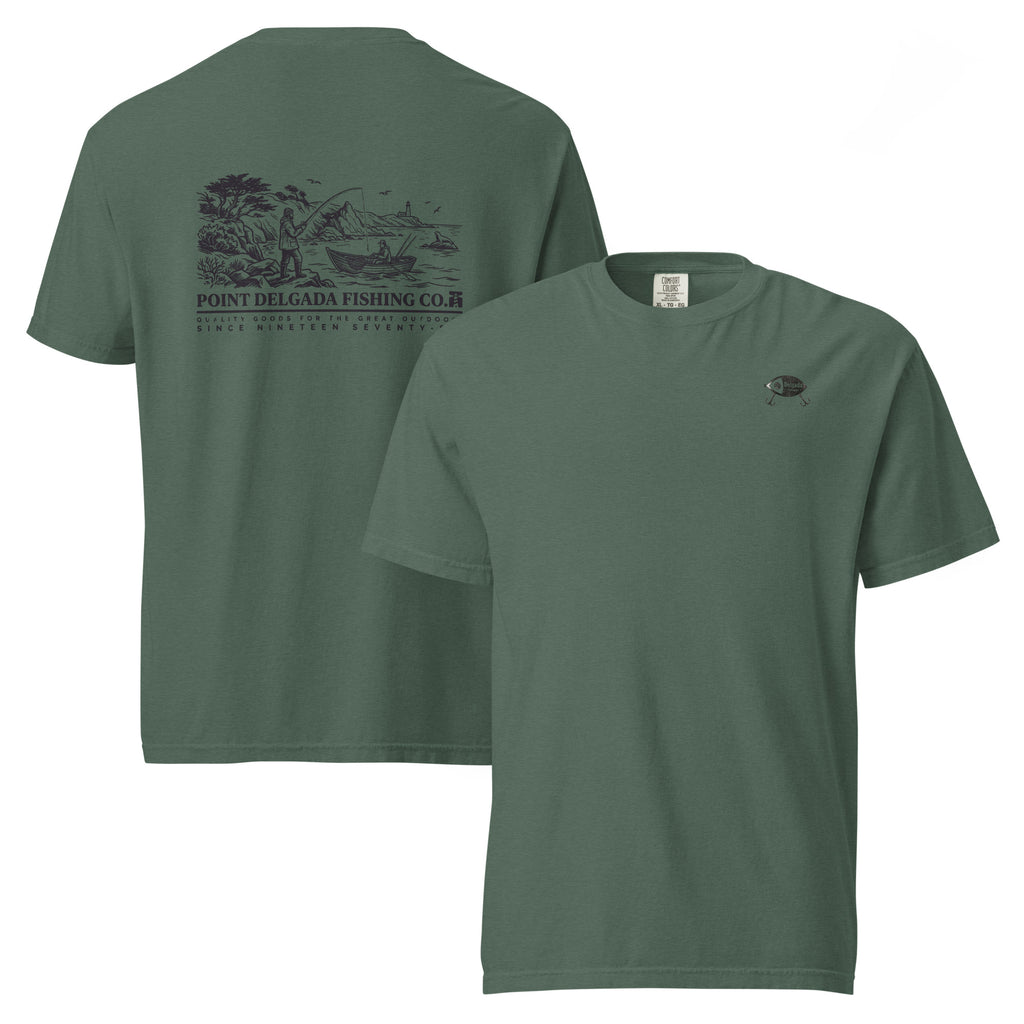 White Point Delgada Shoreline T-Shirt with black engraved coastal fishing scene and lighthouse on the back and left-chest lure logo on the front