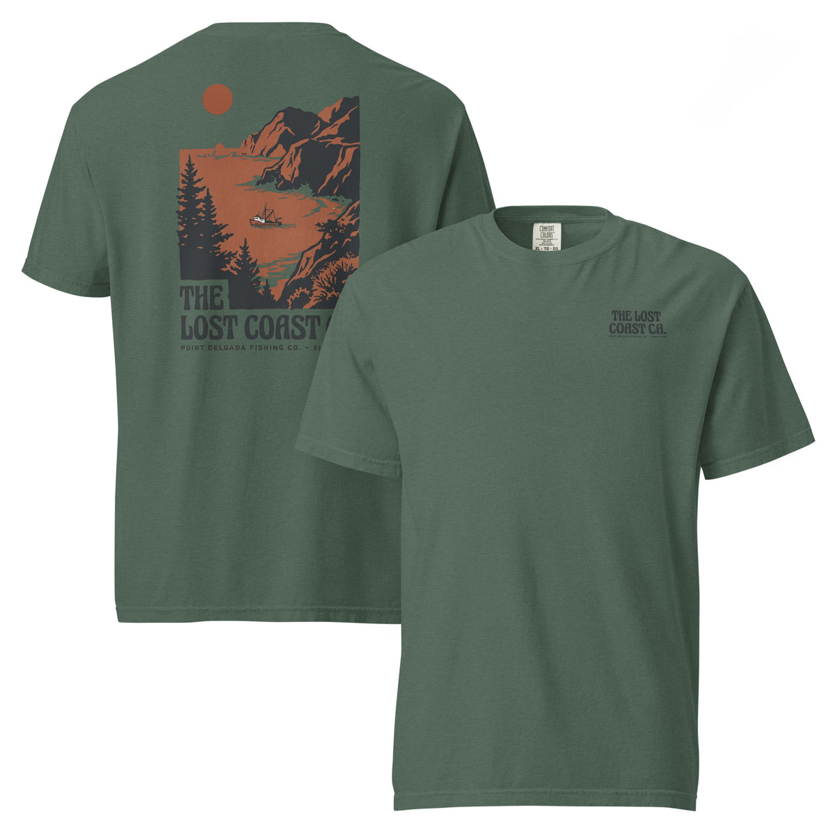 White Point Delgada Lost Coast Cliffs T-Shirt with rust and charcoal vintage print of cliffs, redwoods and a fishing boat on the back and left-chest Lost Coast CA. logo on the front