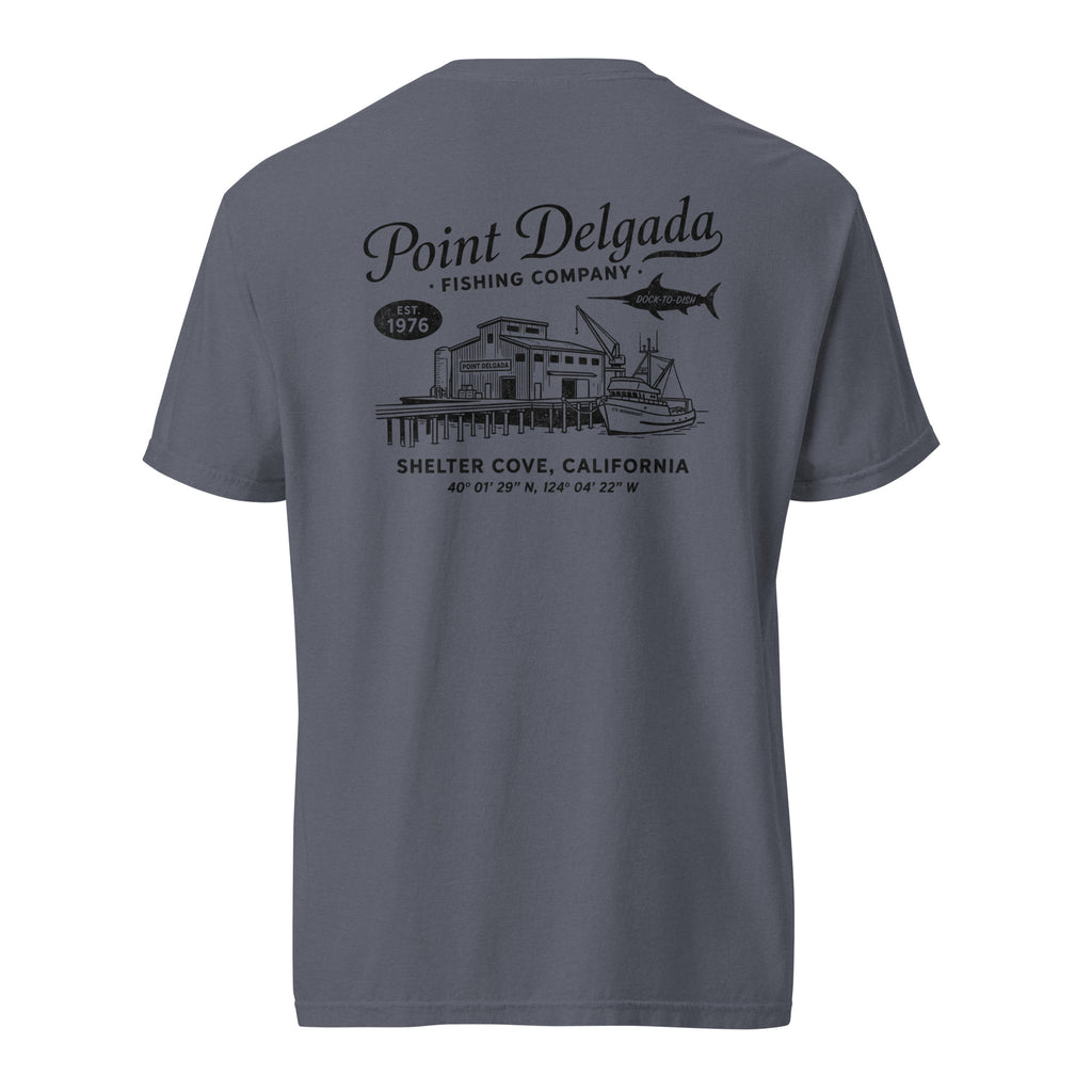 Back: White Point Delgada Home Port T-Shirt with black fish house, pier, fishing boat and Shelter Cove, California coordinates graphic