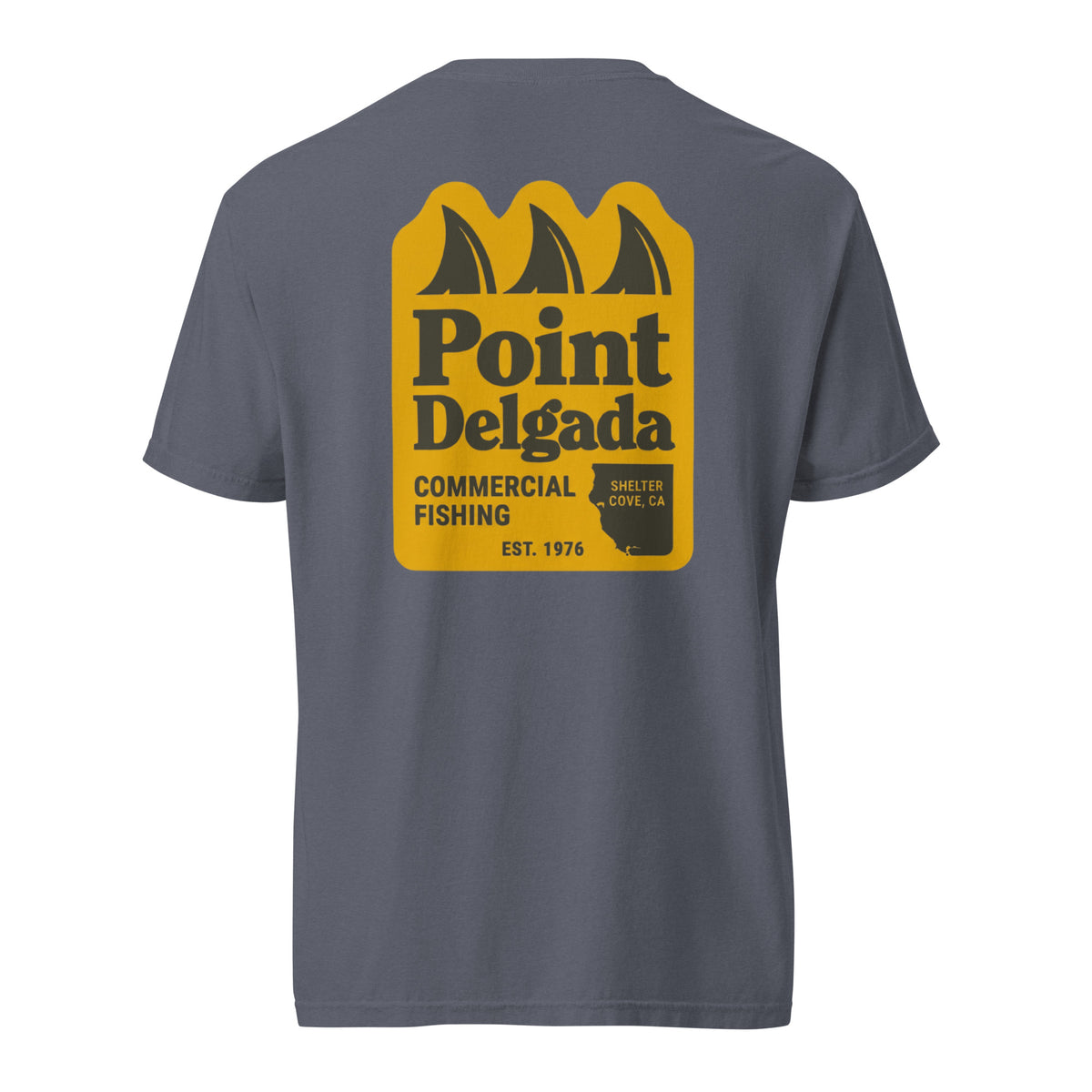 Point Delgada Three Fins T-Shirt with goldenrod vintage badge on the back and left-chest Point Delgada Fishing Co. logo on the front