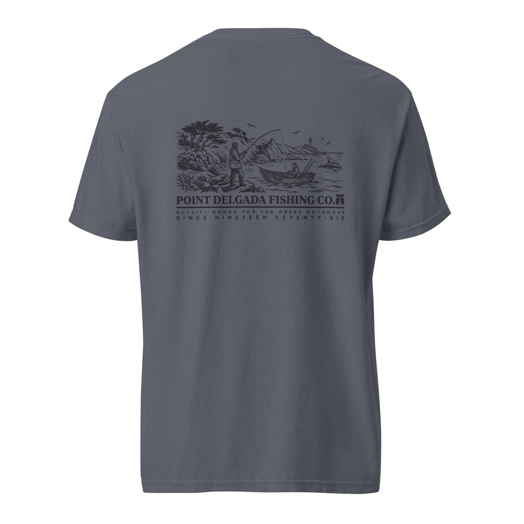 White Point Delgada Shoreline T-Shirt with black engraved coastal fishing scene and lighthouse on the back and left-chest lure logo on the front