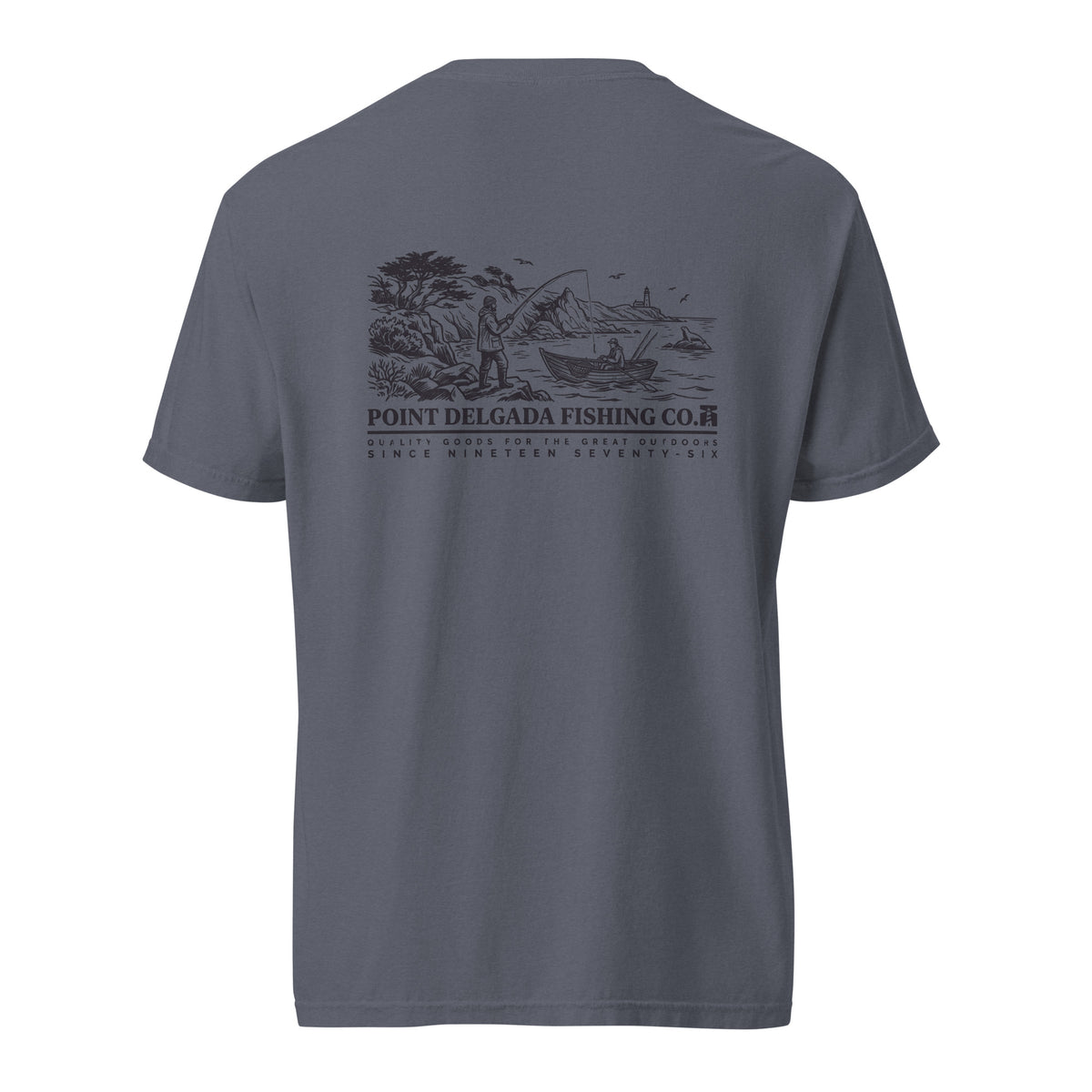 White Point Delgada Shoreline T-Shirt with black engraved coastal fishing scene and lighthouse on the back and left-chest lure logo on the front