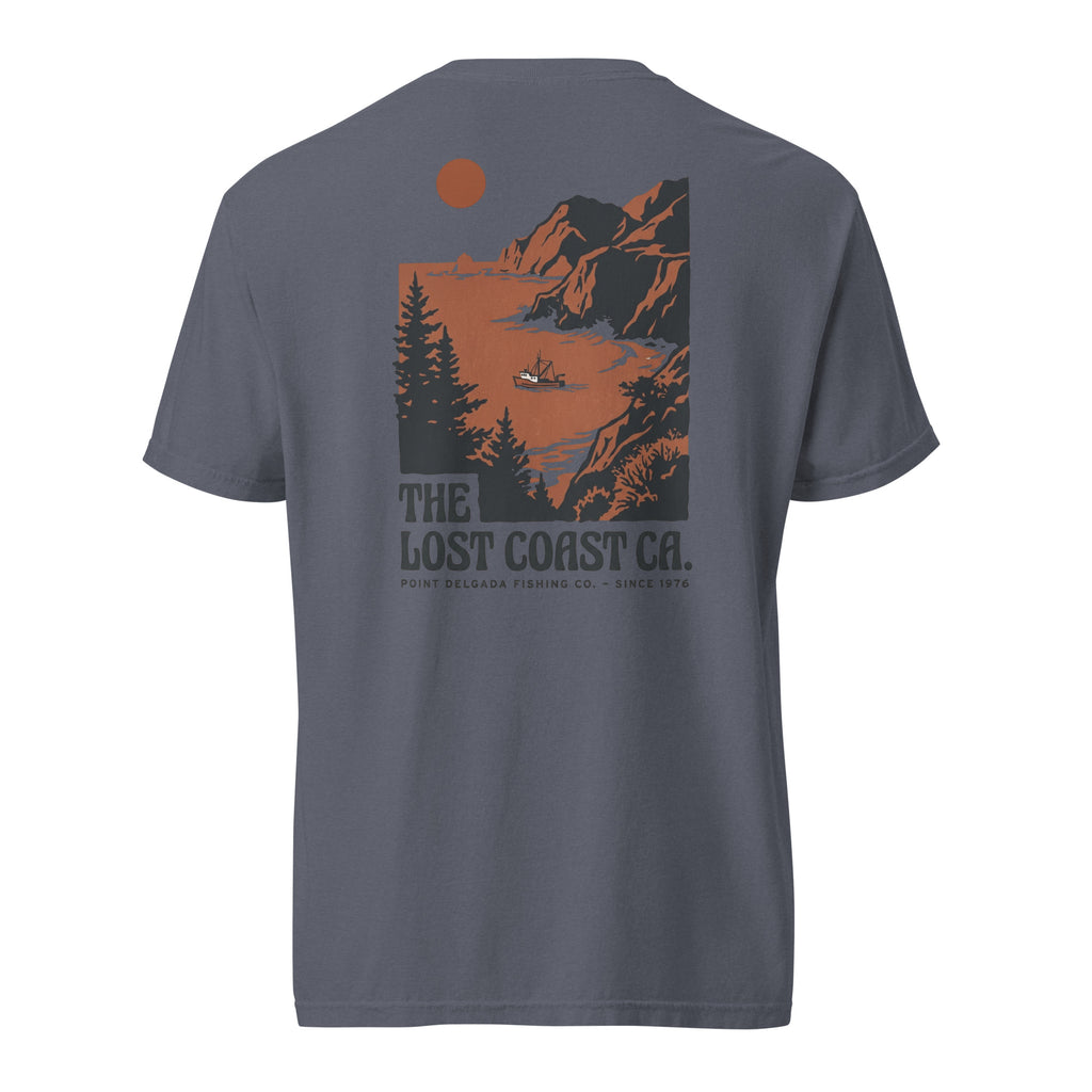 White Point Delgada Lost Coast Cliffs T-Shirt with rust and charcoal vintage print of cliffs, redwoods and a fishing boat on the back and left-chest Lost Coast CA. logo on the front