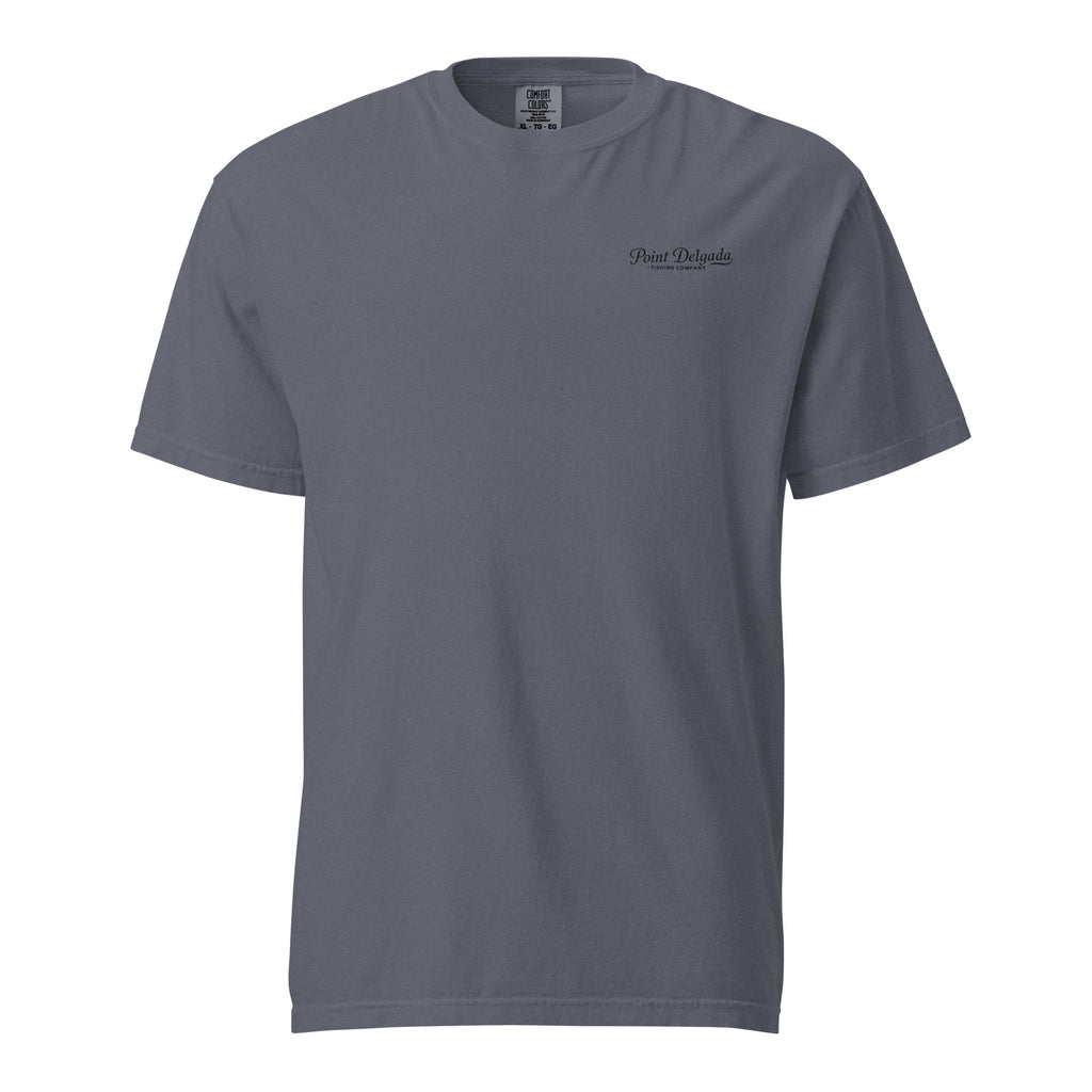 Back: White Point Delgada Home Port T-Shirt with black fish house, pier, fishing boat and Shelter Cove, California coordinates graphic