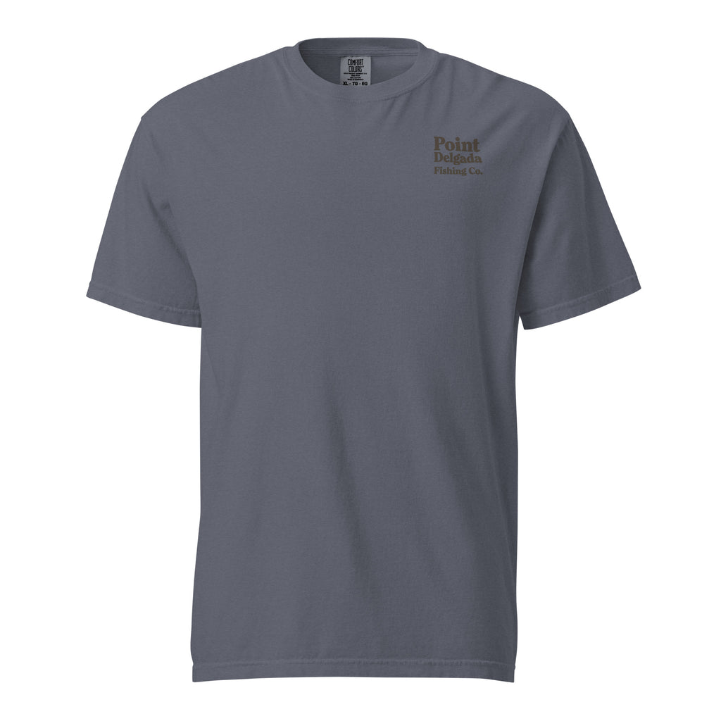 Point Delgada Three Fins T-Shirt with goldenrod vintage badge on the back and left-chest Point Delgada Fishing Co. logo on the front