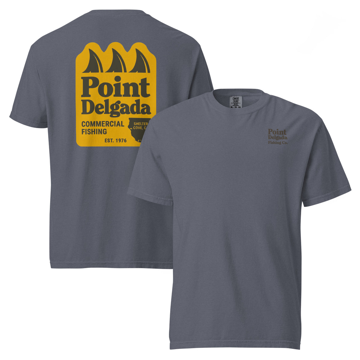 White Point Delgada Three Fins T-Shirt with goldenrod vintage badge on the back and left-chest Point Delgada Fishing Co. logo on the front