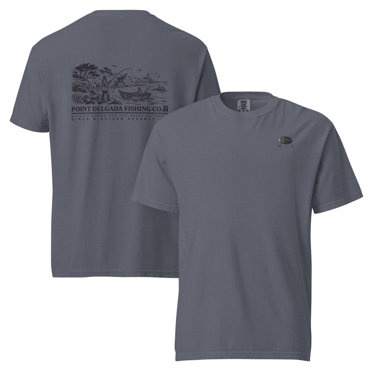 White Point Delgada Shoreline T-Shirt with black engraved coastal fishing scene and lighthouse on the back and left-chest lure logo on the front